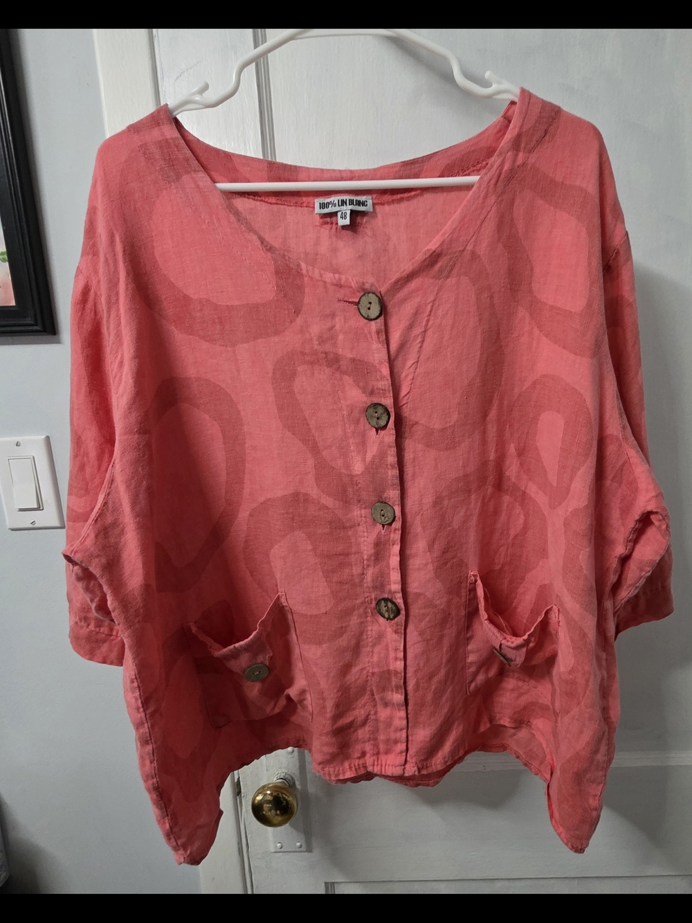Boxy Coral Button-Front Linen Blouse